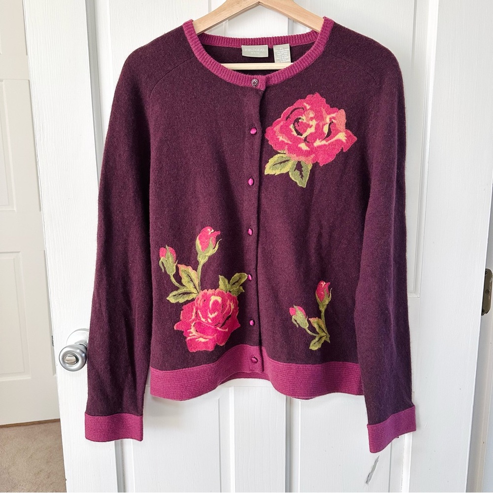 Fieldgear Rose Floral Intarsia Wool Angora Cardigan Sweater Cottagecore Size LP
